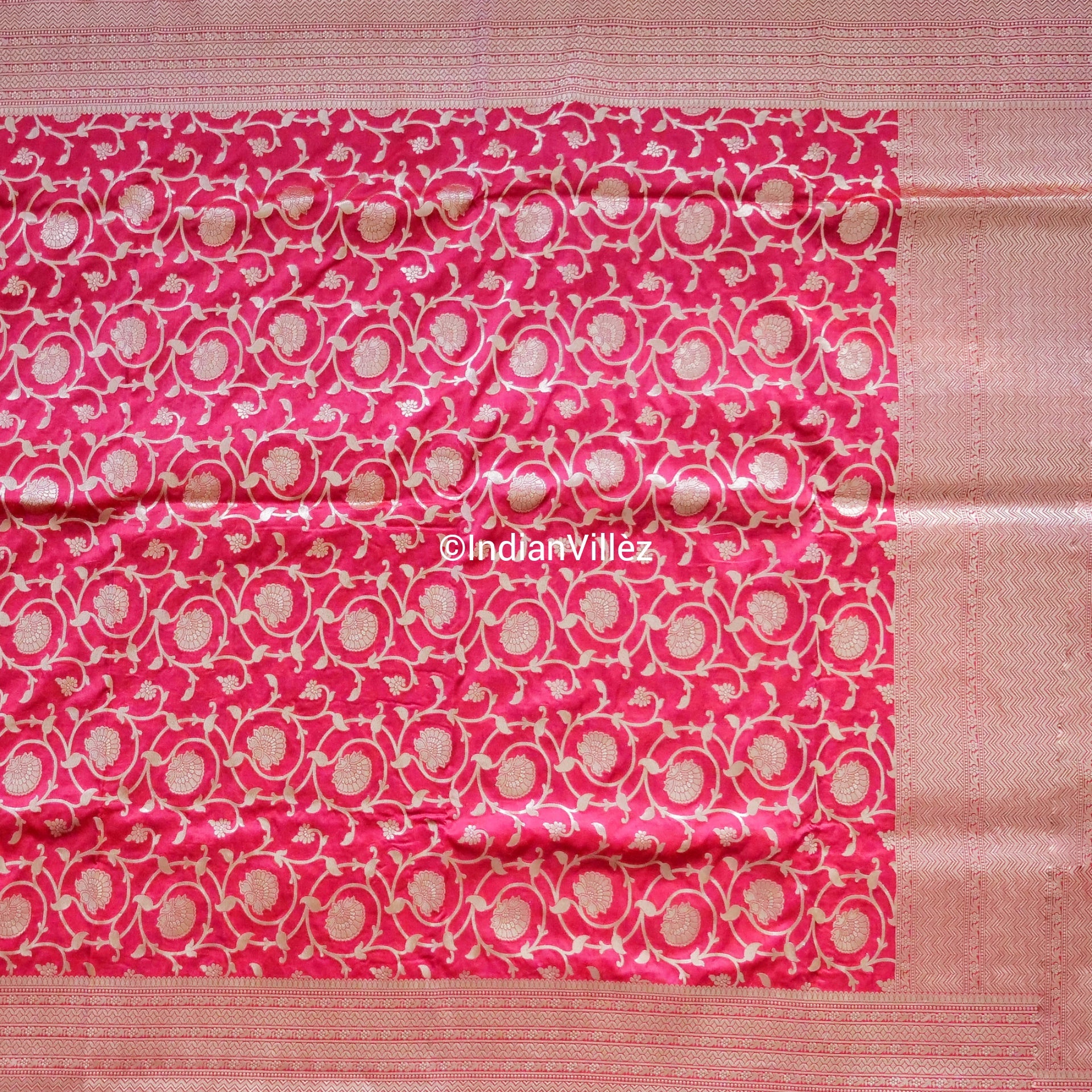 Raspberry Red Banarasi Kadwa Jaal Handloom Silk Saree