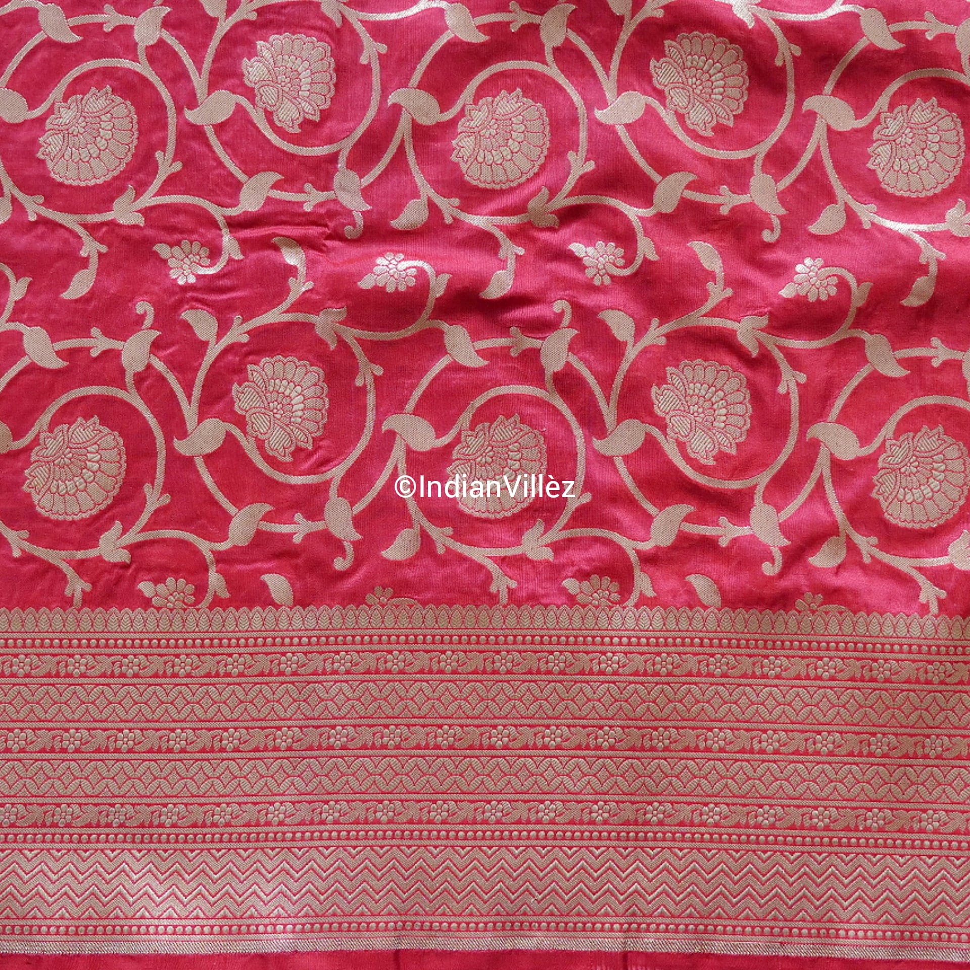Raspberry Red Banarasi Kadwa Jaal Handloom Silk Saree