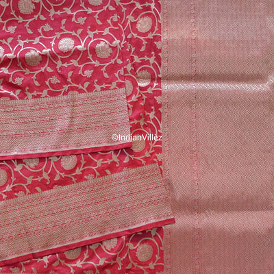 Raspberry Red Banarasi Kadwa Jaal Handloom Silk Saree