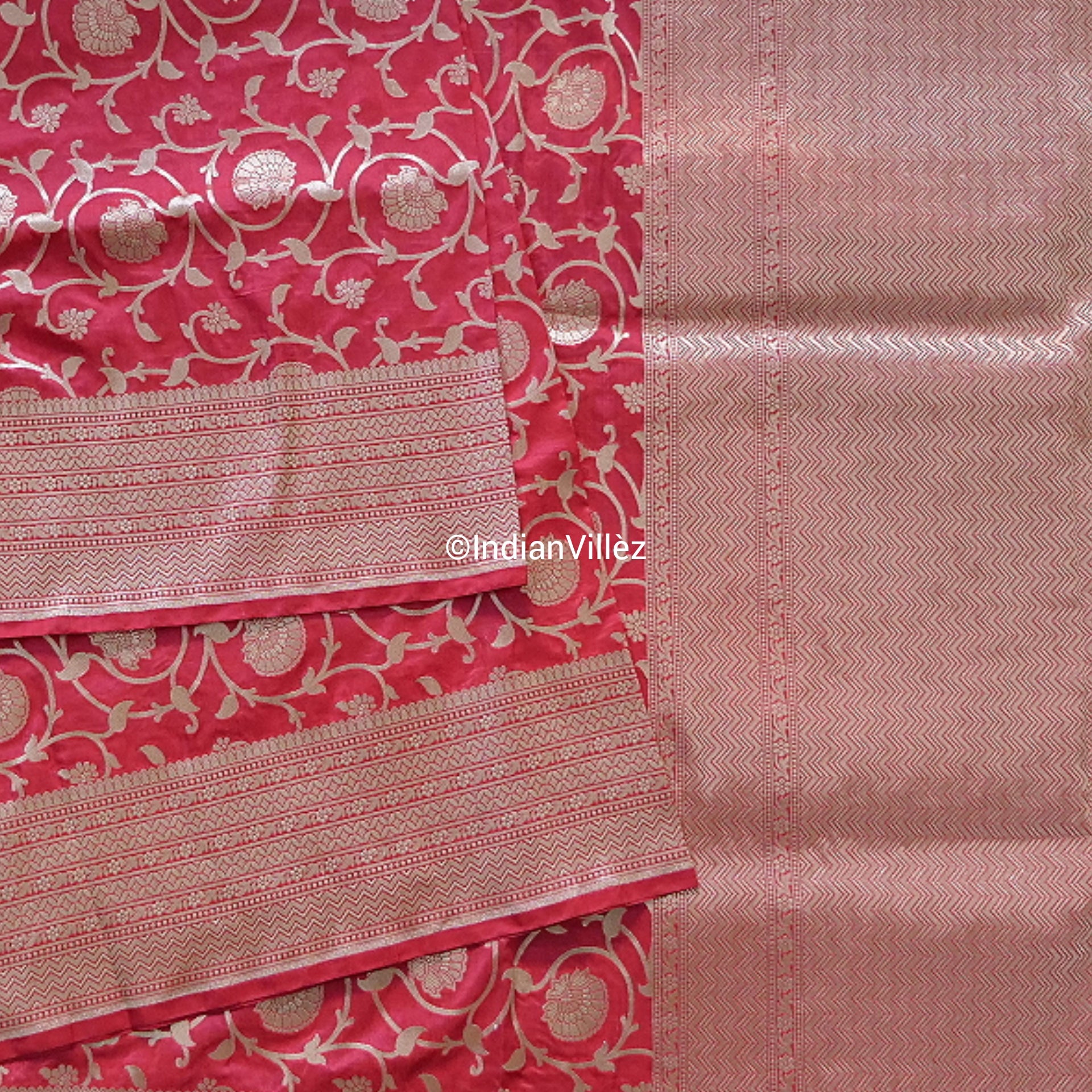 Raspberry Red Banarasi Kadwa Jaal Handloom Silk Saree