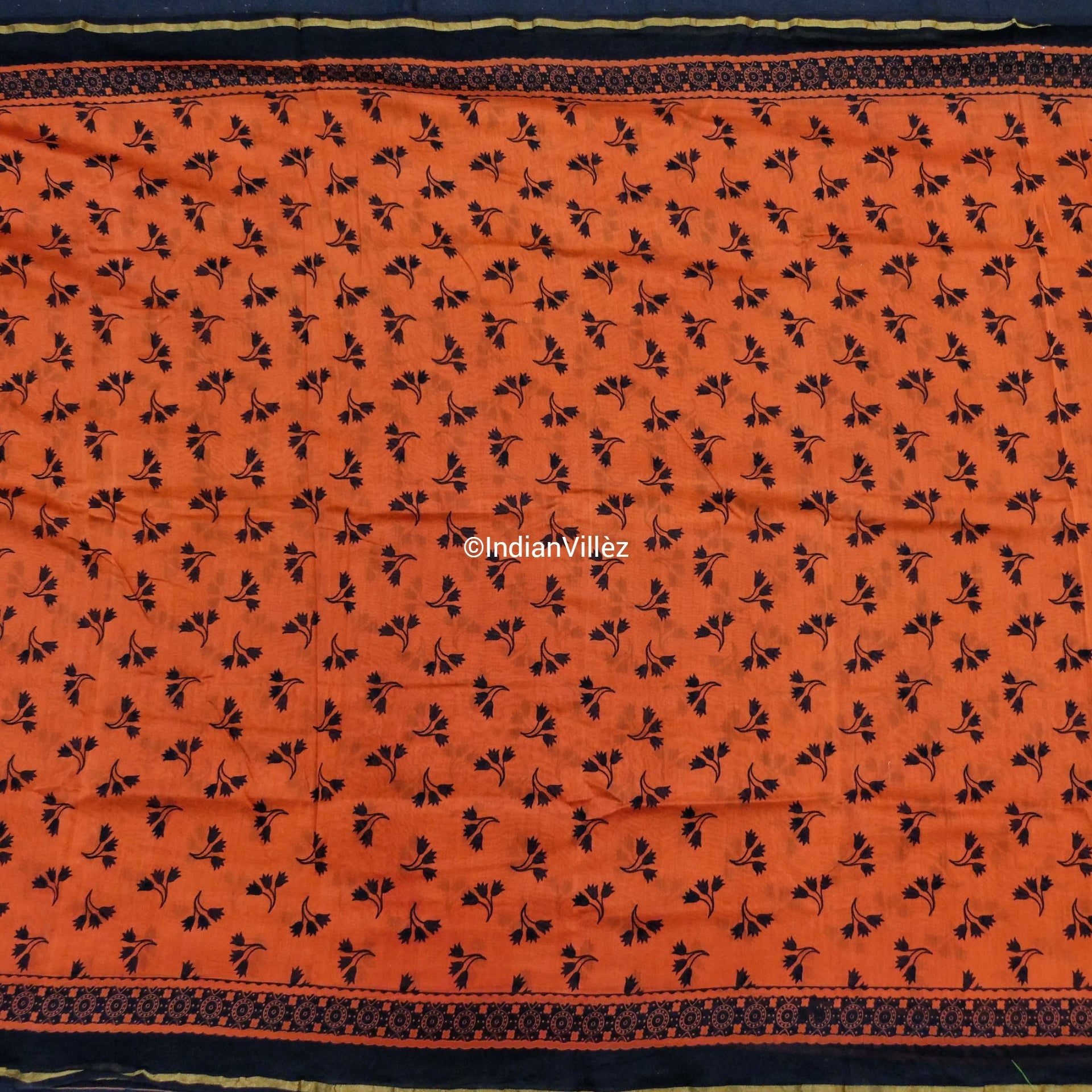 Orange Block Print Chanderi Silk Handloom Saree