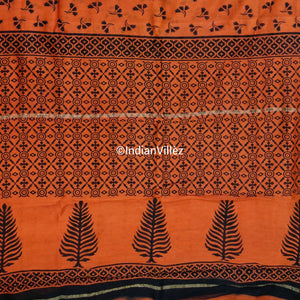Orange Block Print Chanderi Silk Handloom Saree