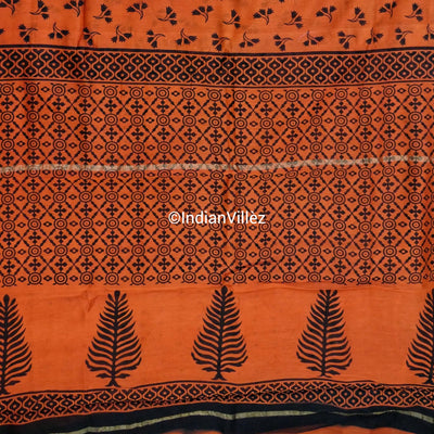 Orange Block Print Chanderi Silk Handloom Saree