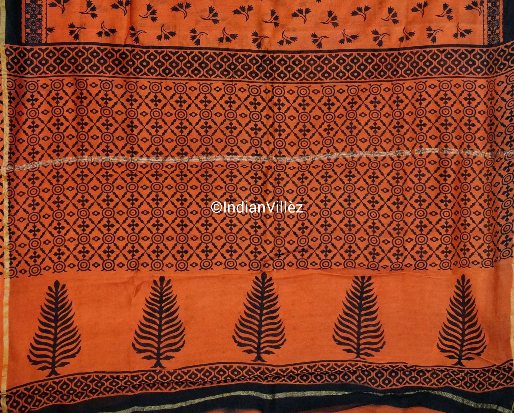 Orange Block Print Chanderi Silk Handloom Saree