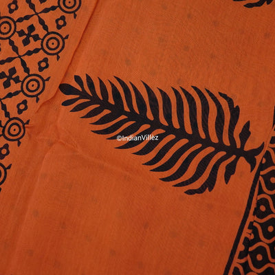 Orange Block Print Chanderi Silk Handloom Saree