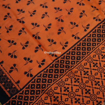 Orange Block Print Chanderi Silk Handloom Saree