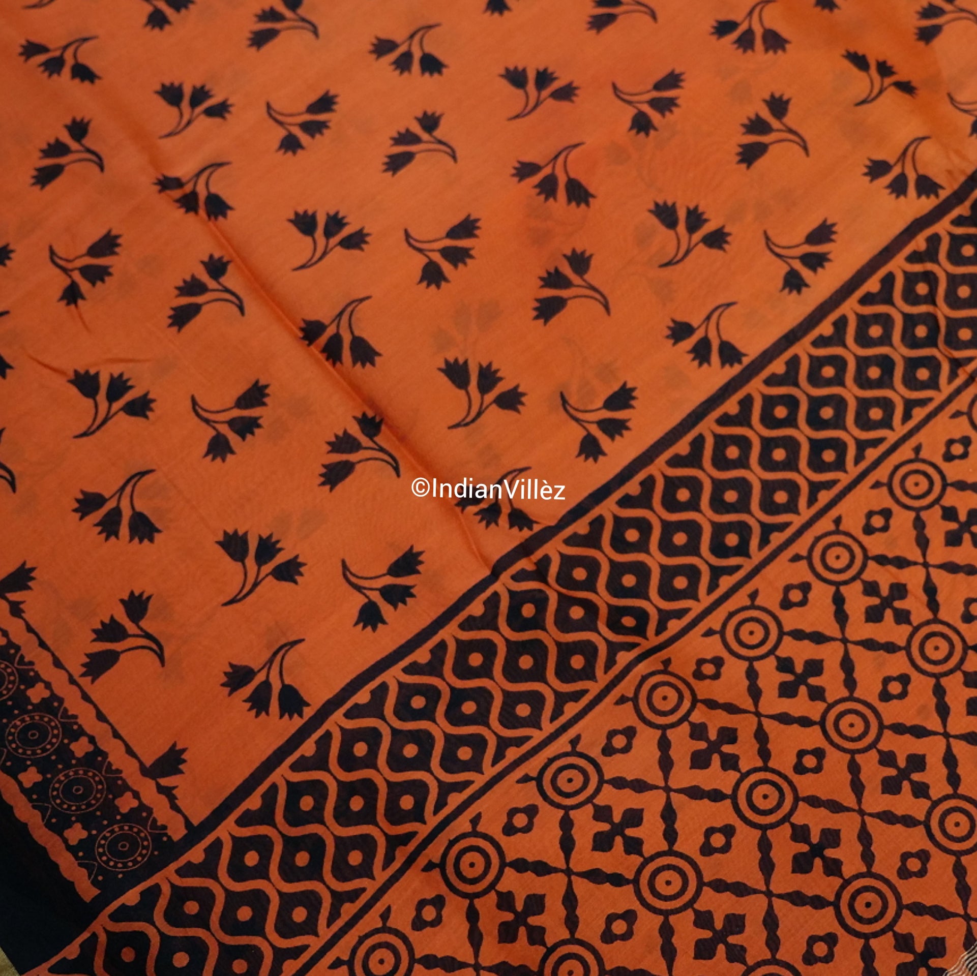 Orange Block Print Chanderi Silk Handloom Saree