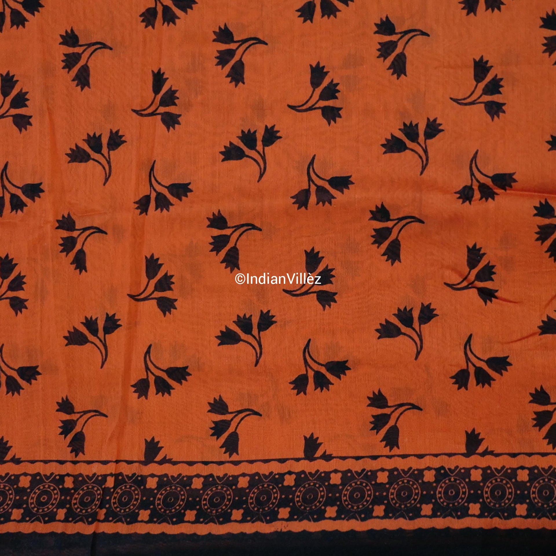 Orange Block Print Chanderi Silk Handloom Saree