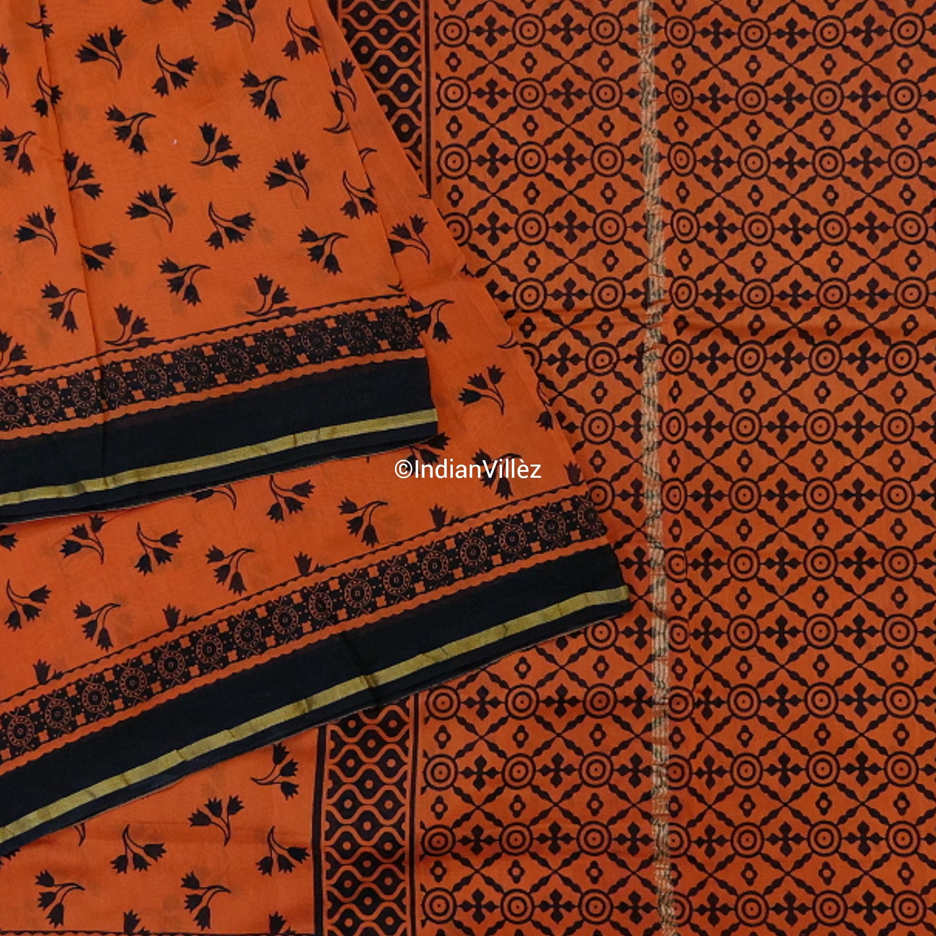 Orange Block Print Chanderi Silk Handloom Saree