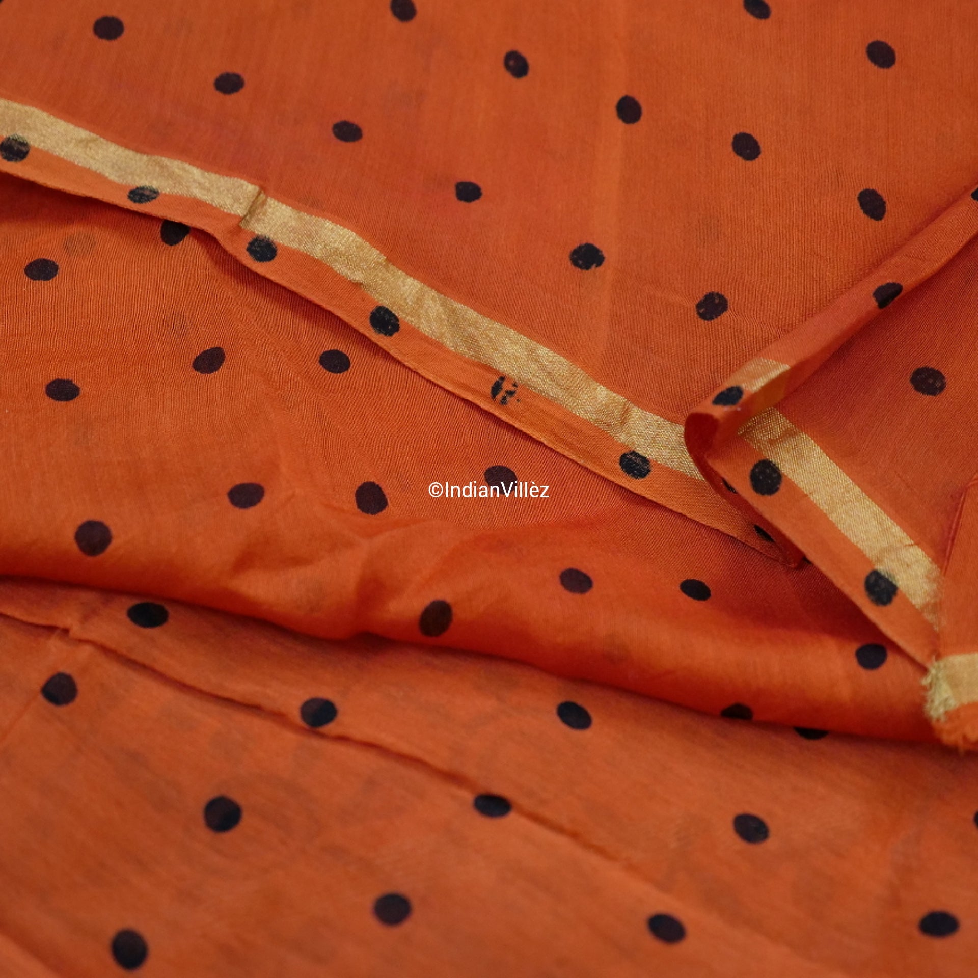 Orange Block Print Chanderi Silk Handloom Saree
