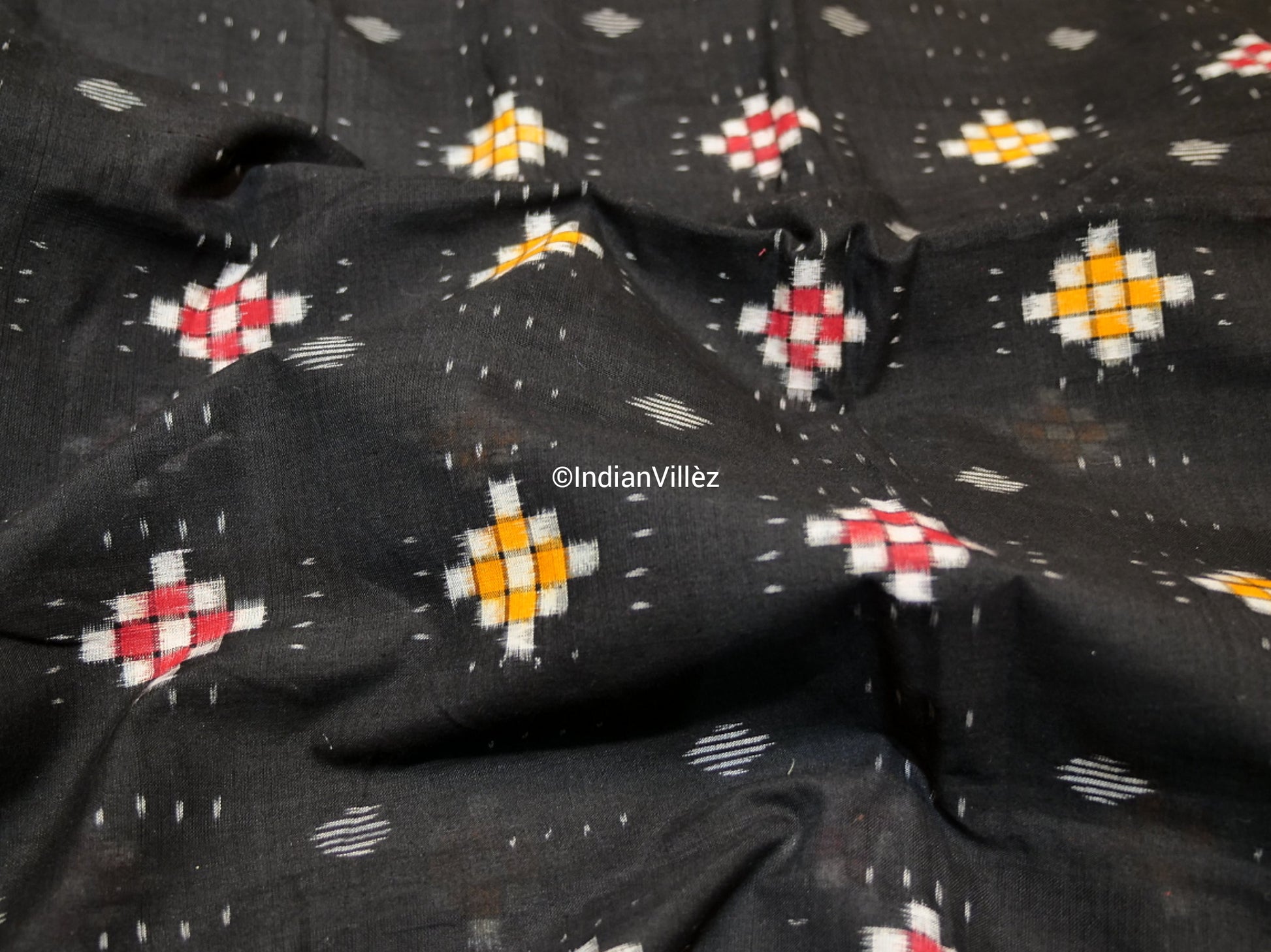 Black Pasapalli Motif Cotton Ikat Handloom Fabric