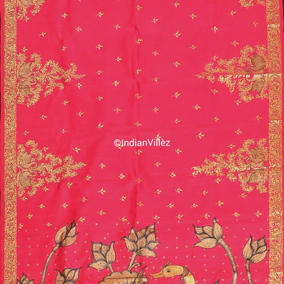 Royal Pink Swan Hand-Painted Pattachitra Saree