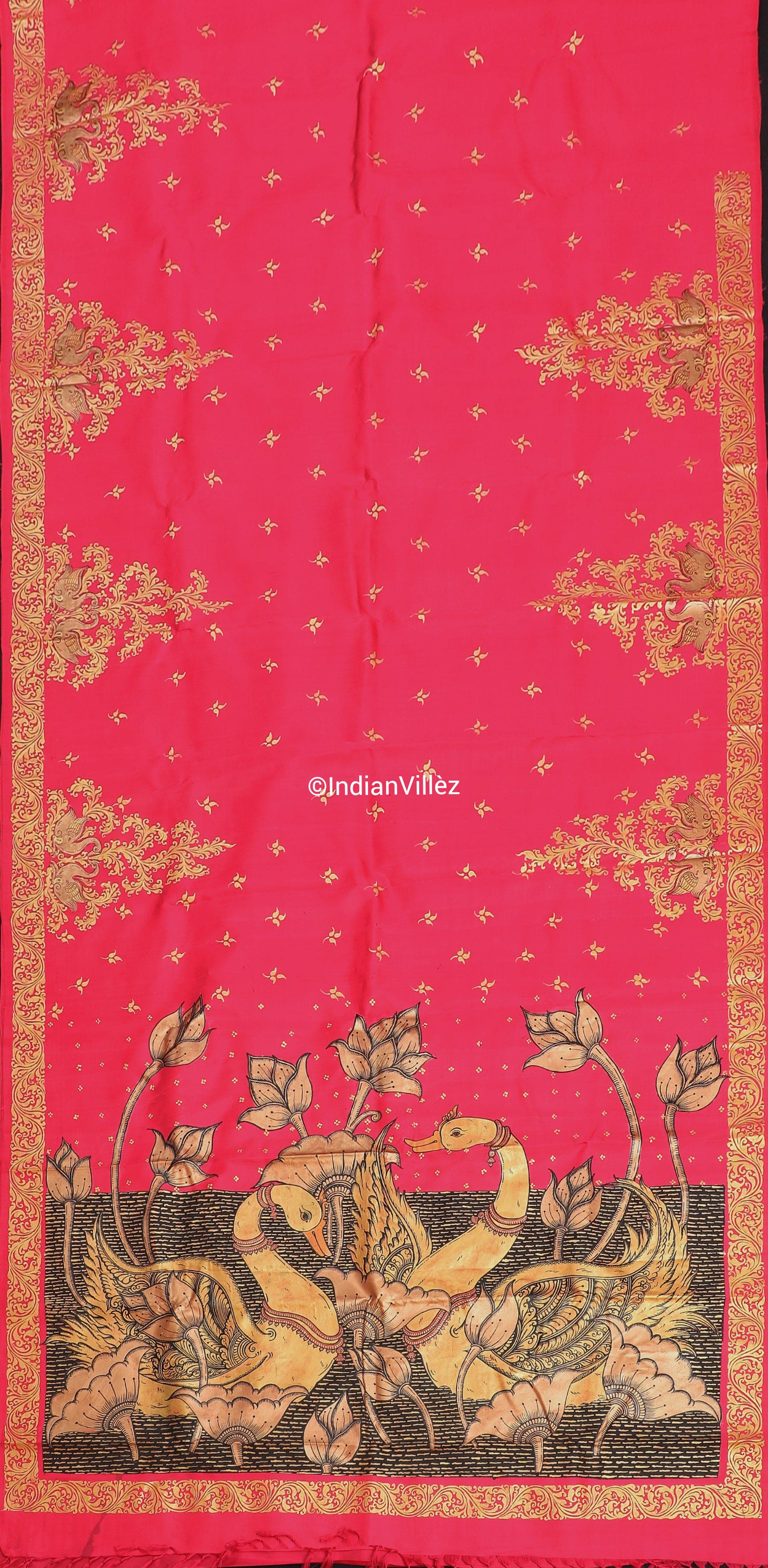Royal Pink Swan Hand-Painted Pattachitra Saree