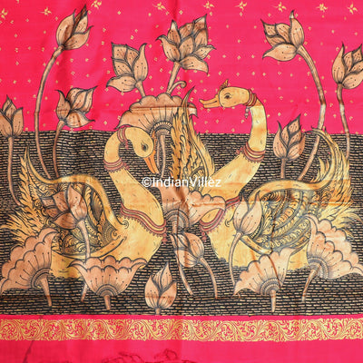 Royal Pink Swan Hand-Painted Pattachitra Saree