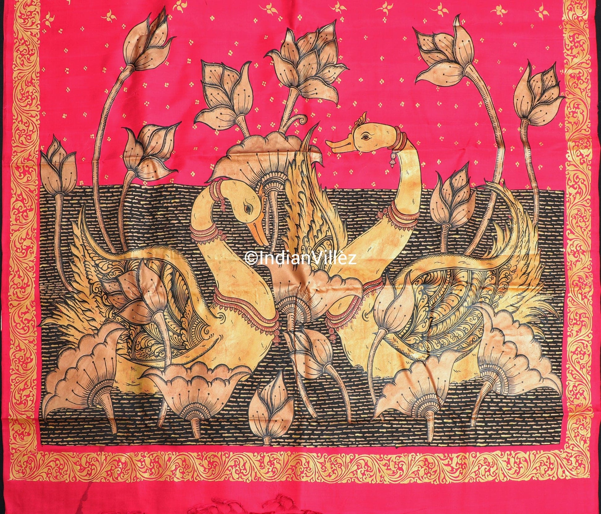 Royal Pink Swan Hand-Painted Pattachitra Saree