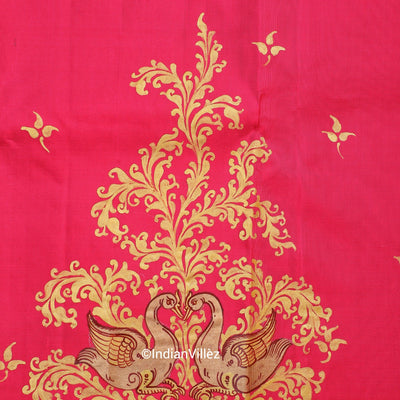 Royal Pink Swan Hand-Painted Pattachitra Saree