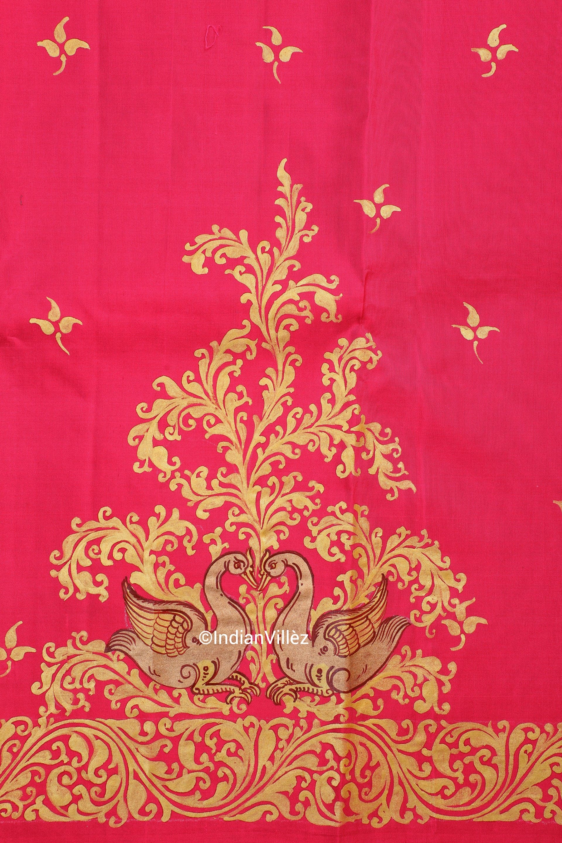 Royal Pink Swan Hand-Painted Pattachitra Saree
