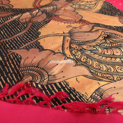 Royal Pink Swan Hand-Painted Pattachitra Saree