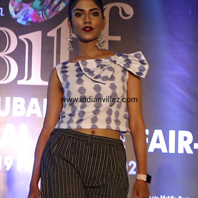 White and Sky Cotton Ikat Handloom Crop Top With Bow Detail
