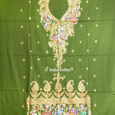 Unstitched Green Pattachitra Kurti Dress Cotton Material