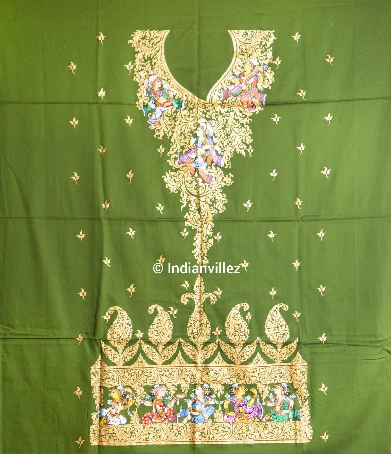 Unstitched Green Pattachitra Kurti Dress Cotton Material