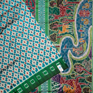 Aqua green contemporary pasapali with scenery anchal Odisha Handloom Silk saree
