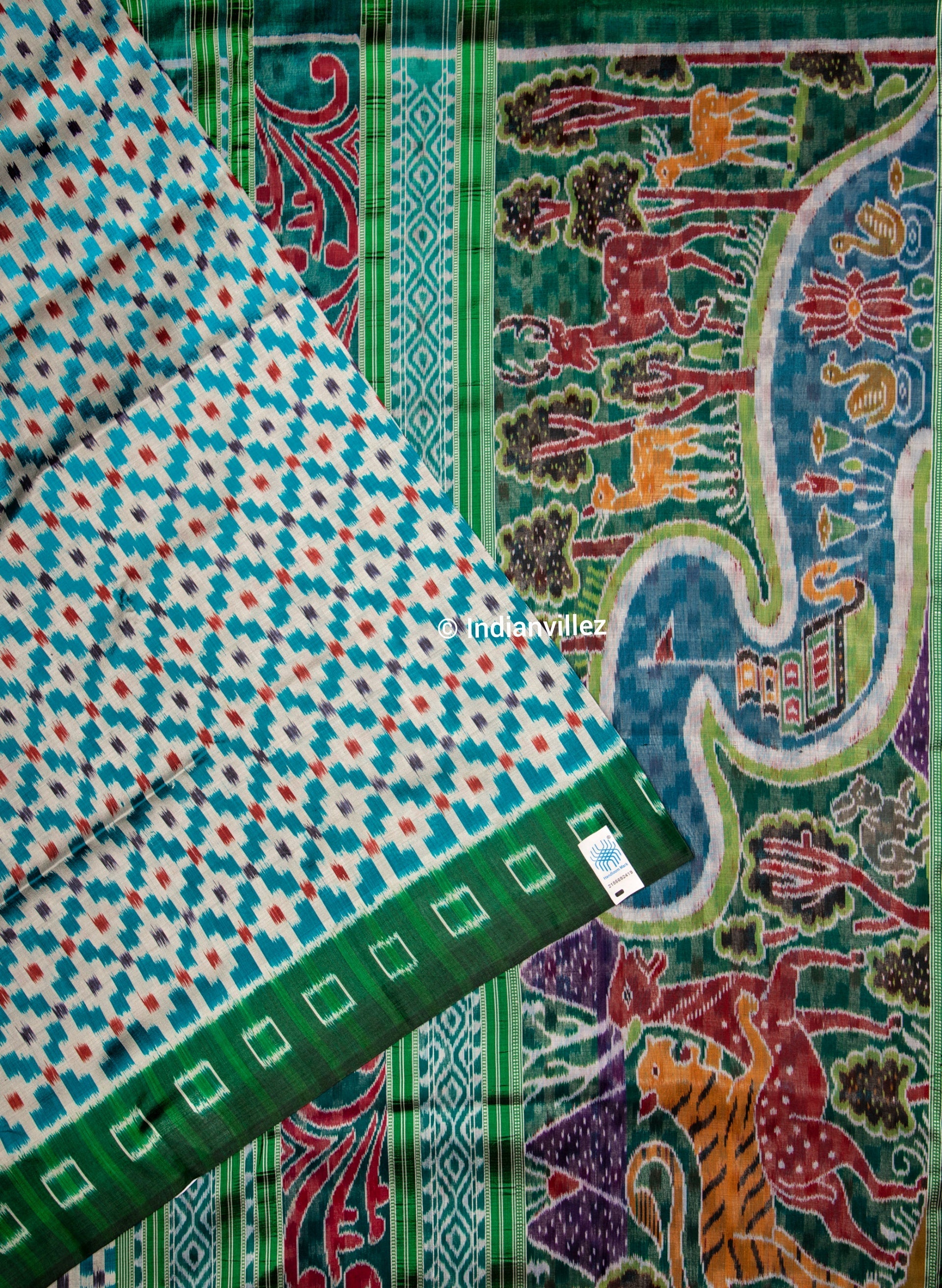 Aqua green contemporary pasapali with scenery anchal Odisha Handloom Silk saree