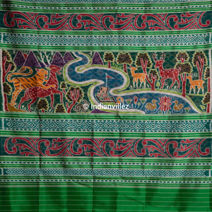 Aqua green contemporary pasapali with scenery anchal Odisha Handloom Silk saree