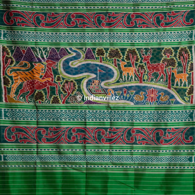 Aqua green contemporary pasapali with scenery anchal Odisha Handloom Silk saree