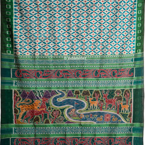 Aqua green contemporary pasapali with scenery anchal Odisha Handloom Silk saree