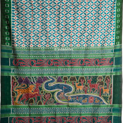 Aqua green contemporary pasapali with scenery anchal Odisha Handloom Silk saree