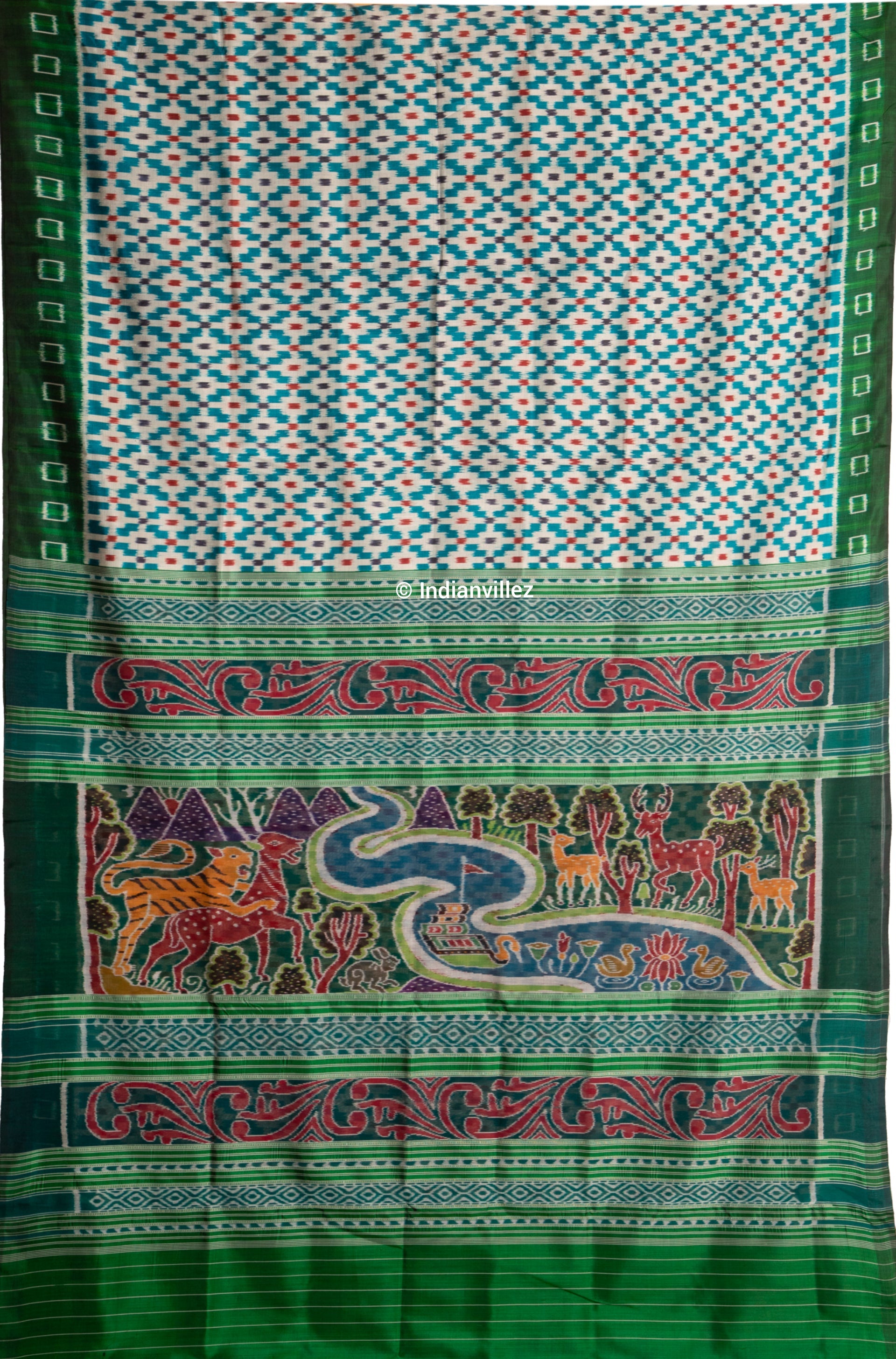 Aqua green contemporary pasapali with scenery anchal Odisha Handloom Silk saree