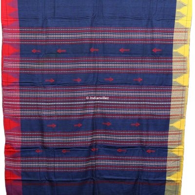 Odisha Handloom Natural Dye Kotpad Saree (Navy Blue With Yellow & Red Borders)