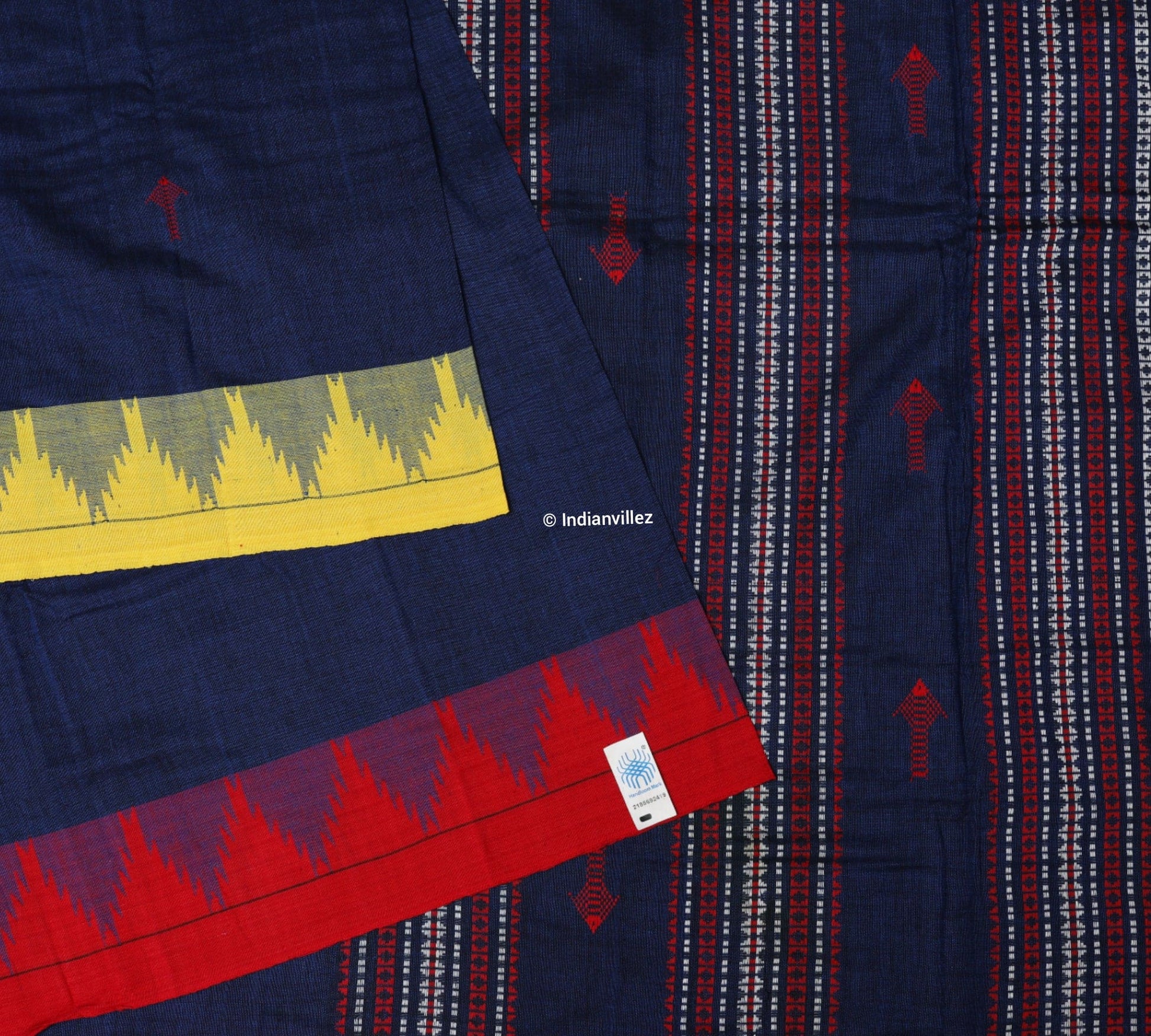 Odisha Handloom Natural Dye Kotpad Saree (Navy Blue With Yellow & Red Borders)