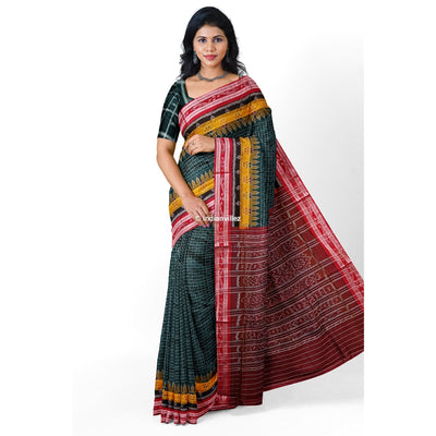 Green Maroon Checks Odisha Handloom Sambalpuri Cotton Saree