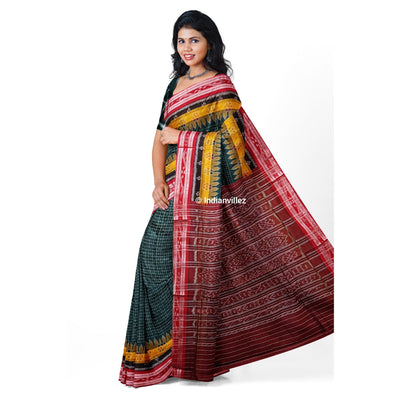 Green Maroon Checks Odisha Handloom Sambalpuri Cotton Saree