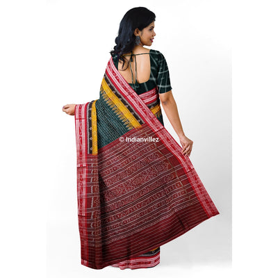 Green Maroon Checks Odisha Handloom Sambalpuri Cotton Saree