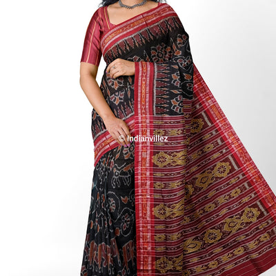 Black Elephant & Flower Odisha Handloom Sambalpuri Cotton Saree