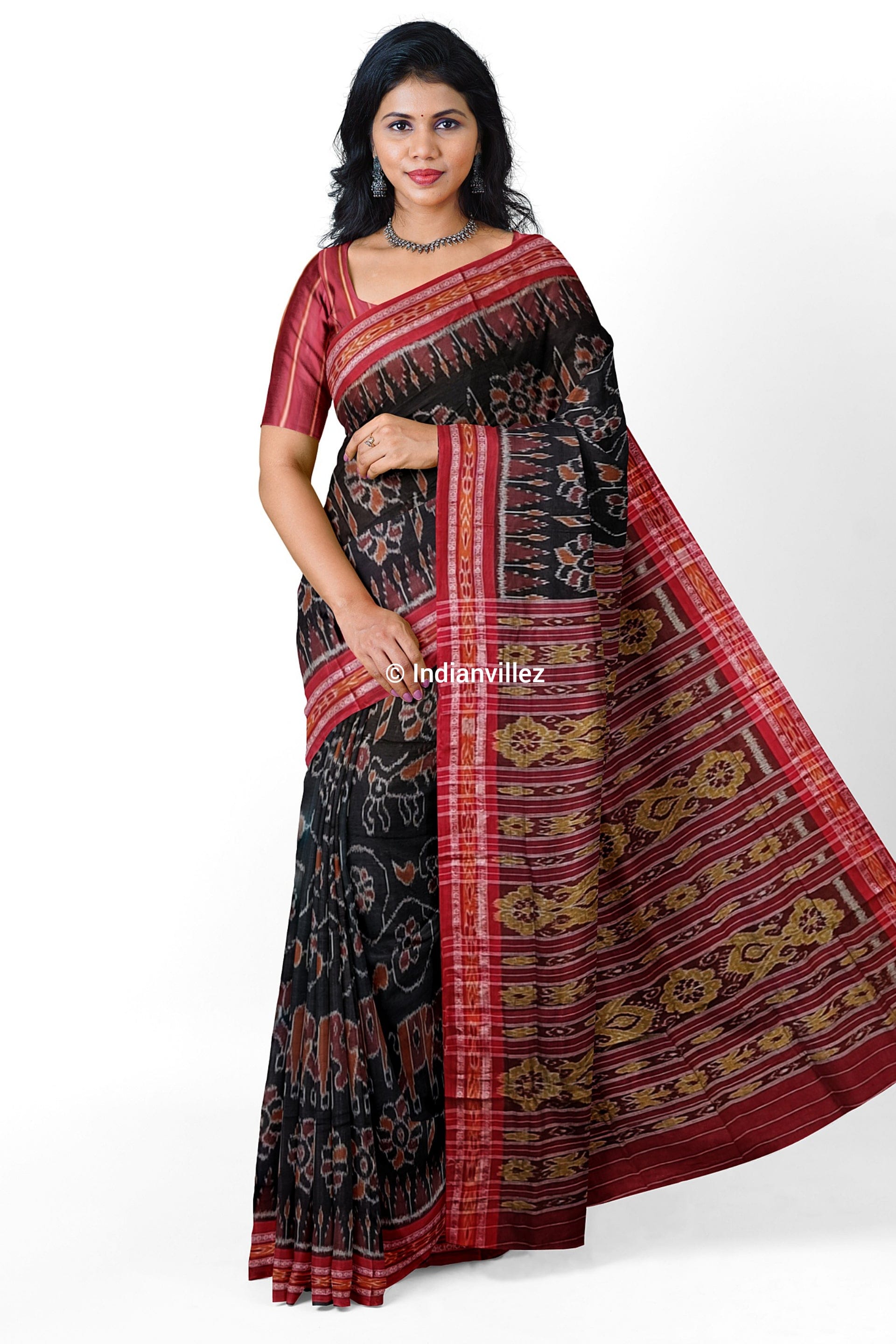 Black Elephant & Flower Odisha Handloom Sambalpuri Cotton Saree