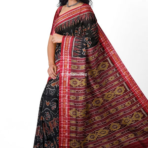 Black Elephant & Flower Odisha Handloom Sambalpuri Cotton Saree