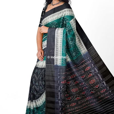 Black Green Flower Sambalpuri Handloom Cotton Saree