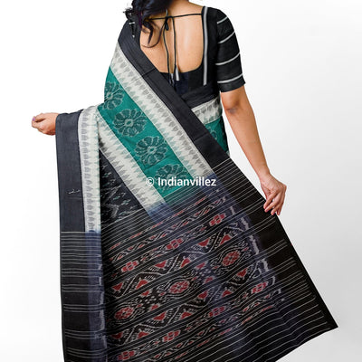 Black Green Flower Sambalpuri Handloom Cotton Saree