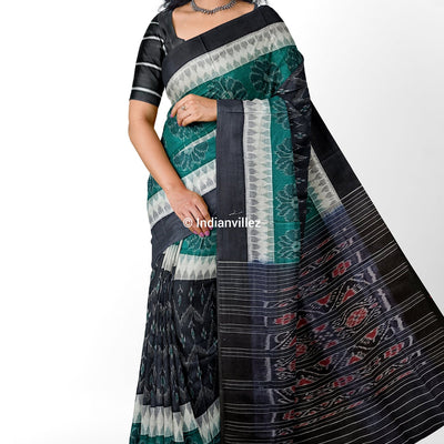 Black Green Flower Sambalpuri Handloom Cotton Saree
