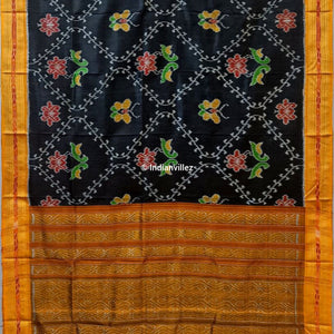 Black Lotus Bird and Butterfly Odisha Handloom Khandua Silk Saree