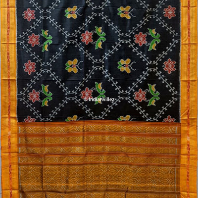 Black Lotus Bird and Butterfly Odisha Handloom Khandua Silk Saree