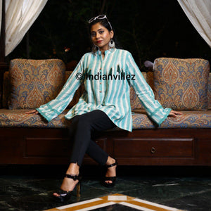 Green & White Stripes Kotpad Organic Cotton Short Kurti