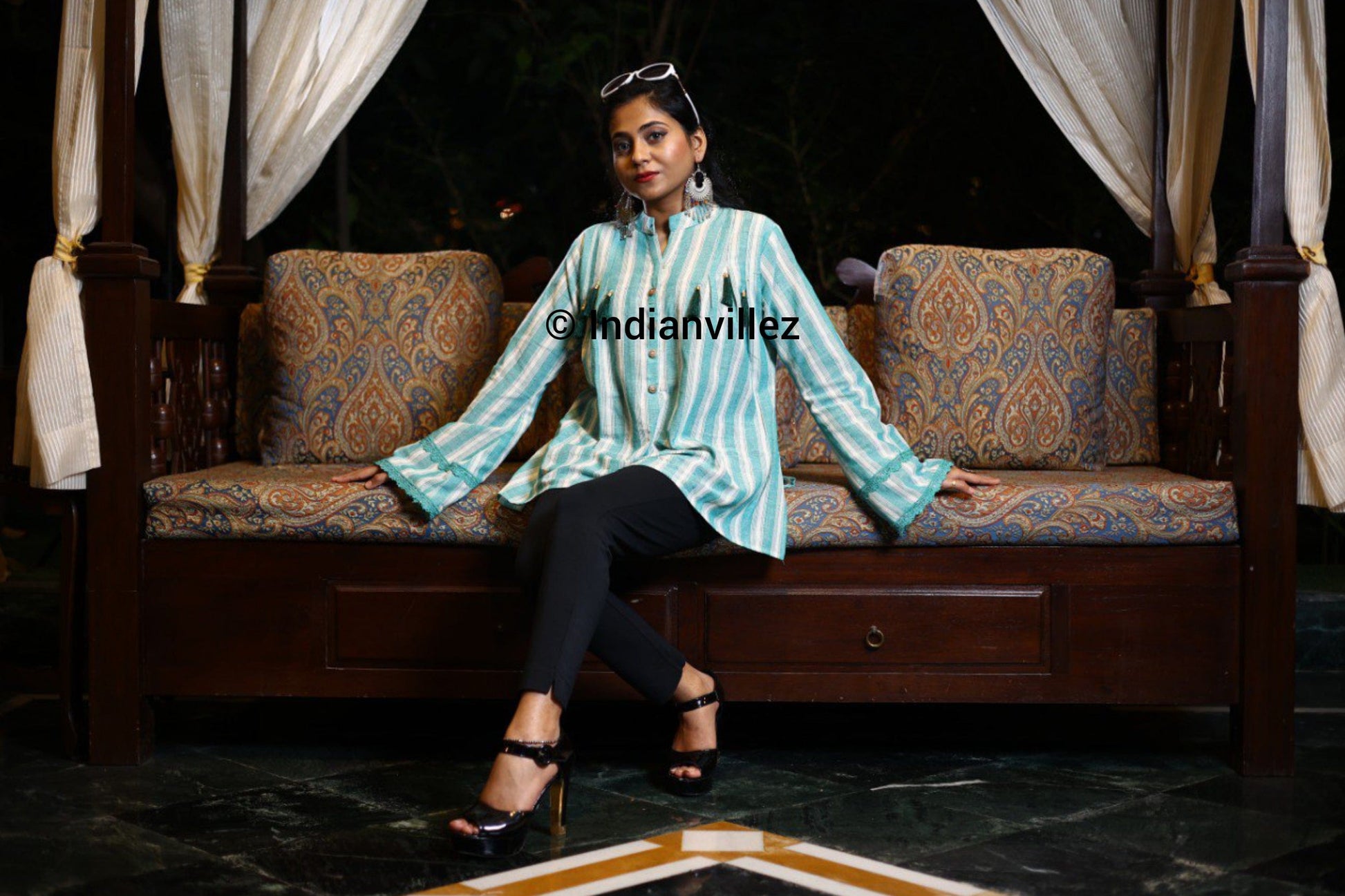Green & White Stripes Kotpad Organic Cotton Short Kurti