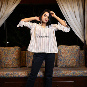 White Stripes Kotpad Organic Cotton Bell Sleeves Top