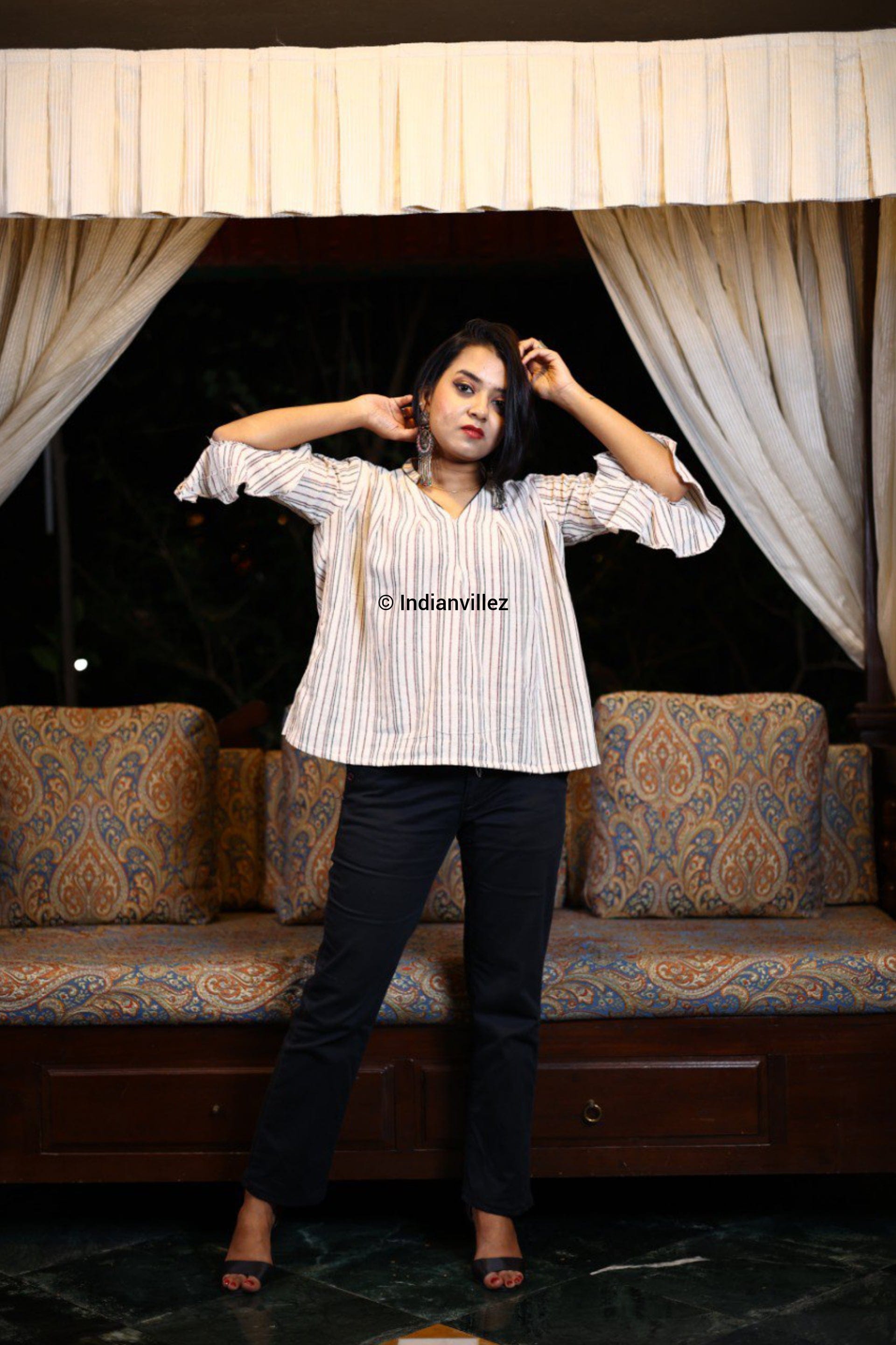 White Stripes Kotpad Organic Cotton Bell Sleeves Top