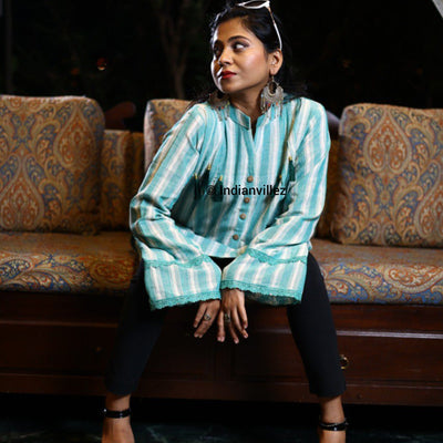Green & White Stripes Kotpad Organic Cotton Short Kurti